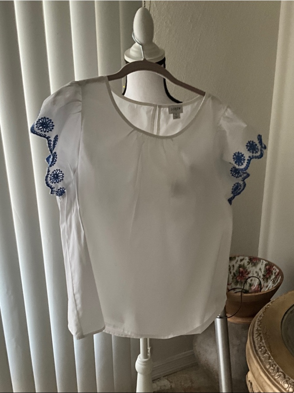 J. Crew Factory White Blouse with Blue Embroidered Flutter Sleeves